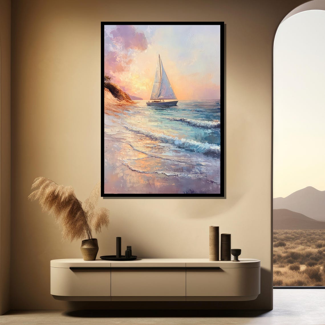 Soft Sunset Sailboat Near Beach Shoreline Pastel Ocean Art Poster - Image 4