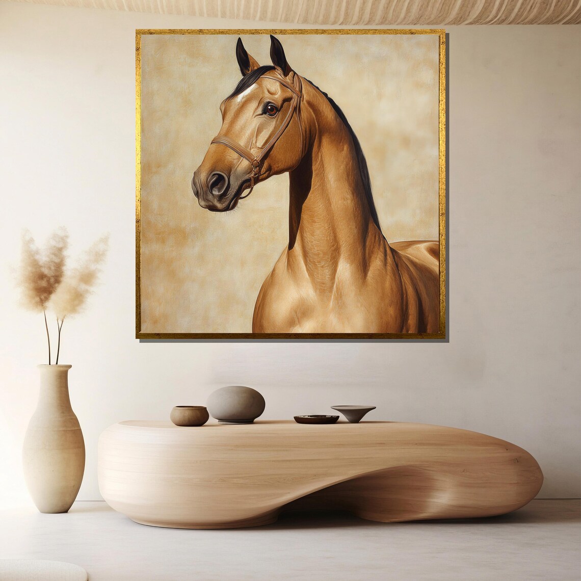 Golden Horse Head Portrait on a Warm Beige Background Poster