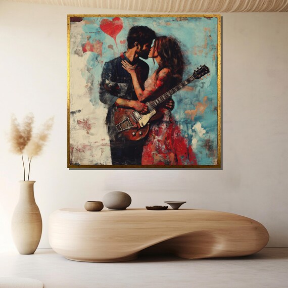 Romantic Music Lovers Sharing Guitar Kiss Abstract Art Poster