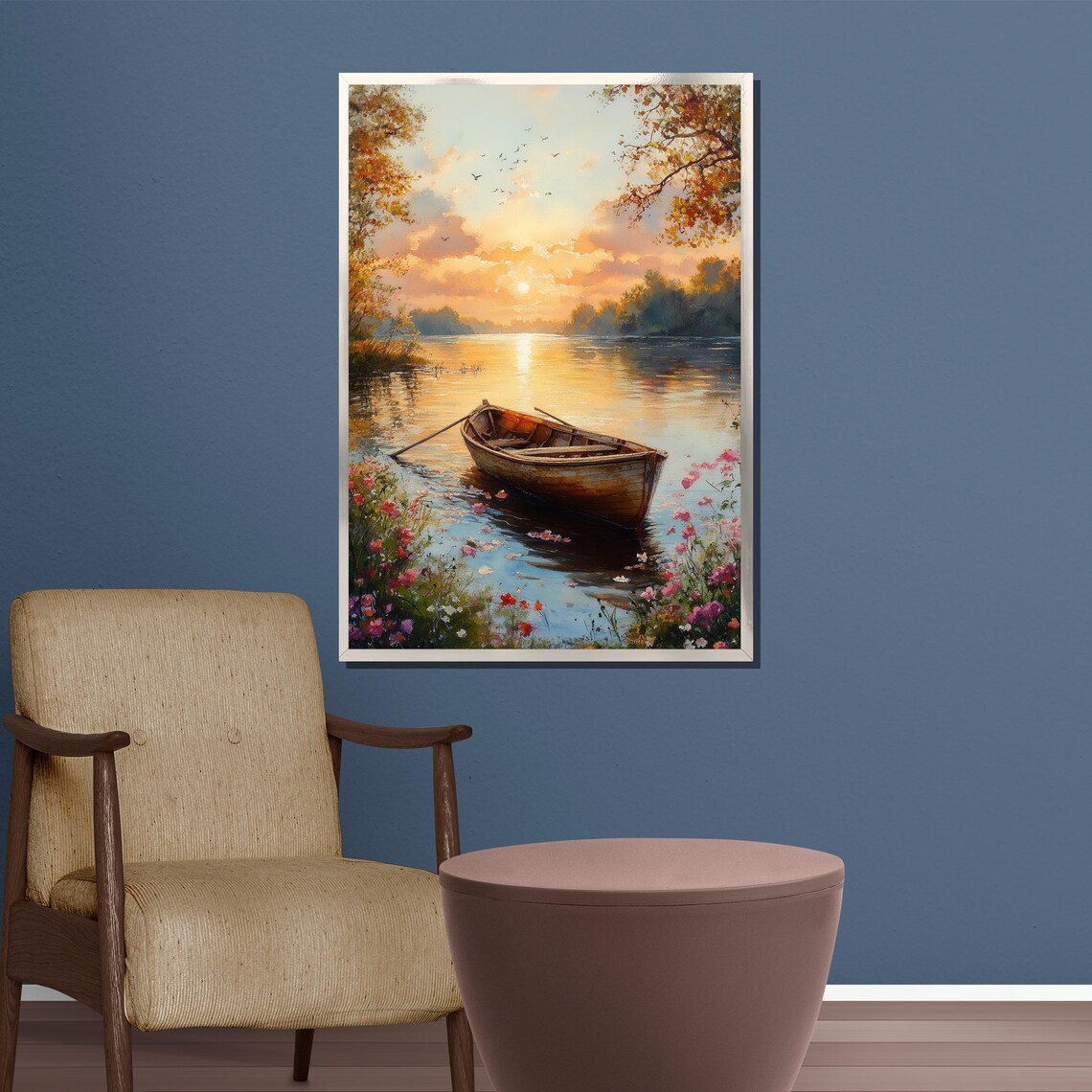 Weathered Wooden Boat Sunset River Floral Banks Scenic Poster - Image 3