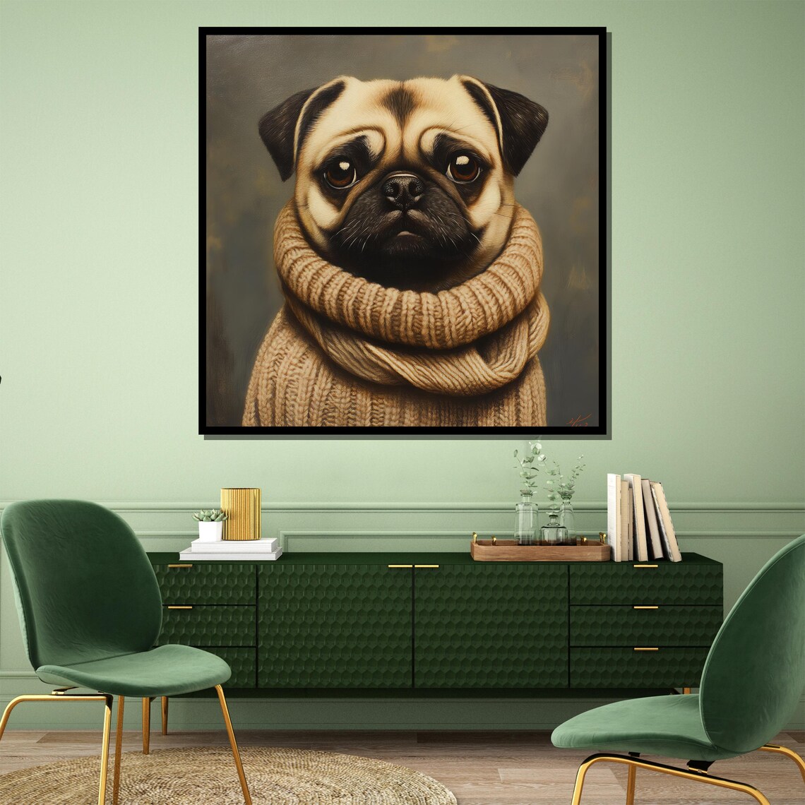Cozy Pug Wrapped in a Chunky Knit Sweater Cute Dog Lover Poster - Image 4