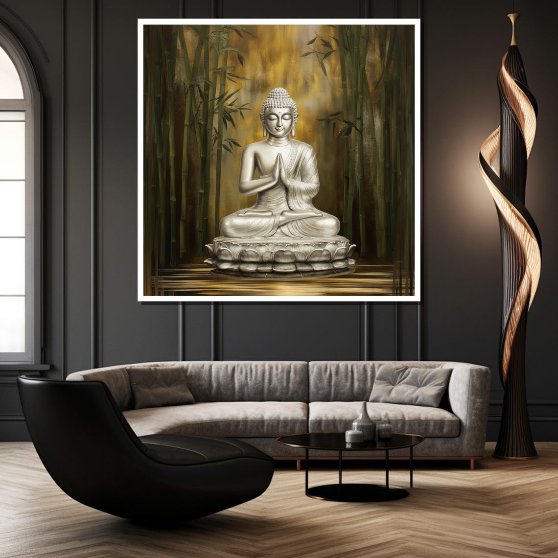 Silver Buddha Statue on a Lotus Among Golden Bamboo Forest Poster - Image 2