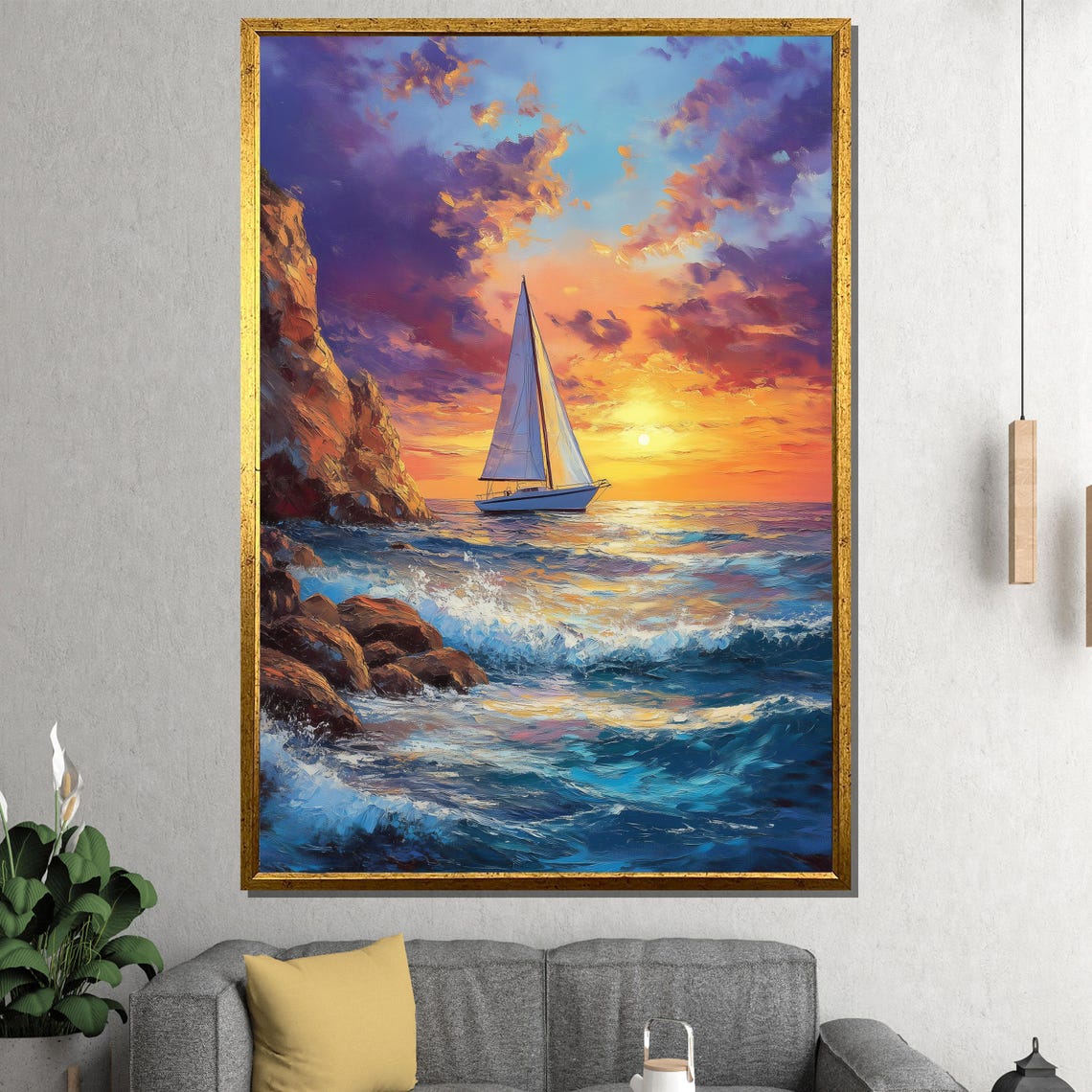 Sailboat Sunset Wall Art Large Framed Coastal Ocean Waves And Cliffs Painting Nautical Home Decor Gift For Sea Lovers