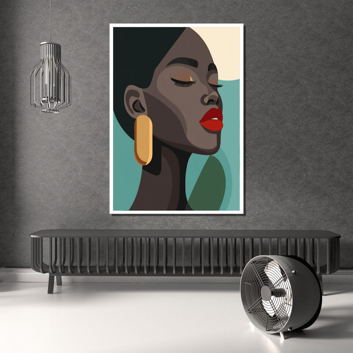 Modern Abstract Woman Profile In Bold Red Lips Teal Art Poster - Image 3