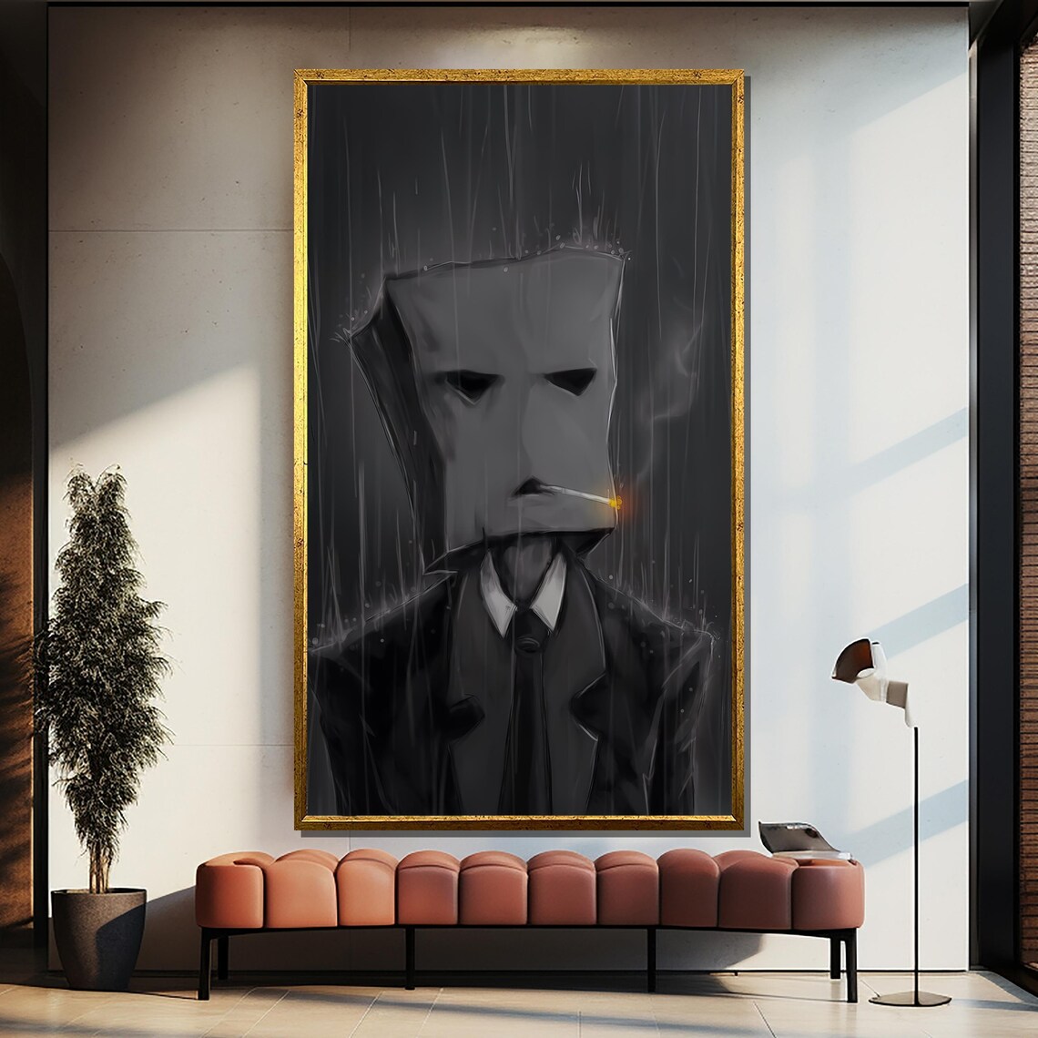 Mysterious Masked Man Smoking In The Rain Noir Painting Poster