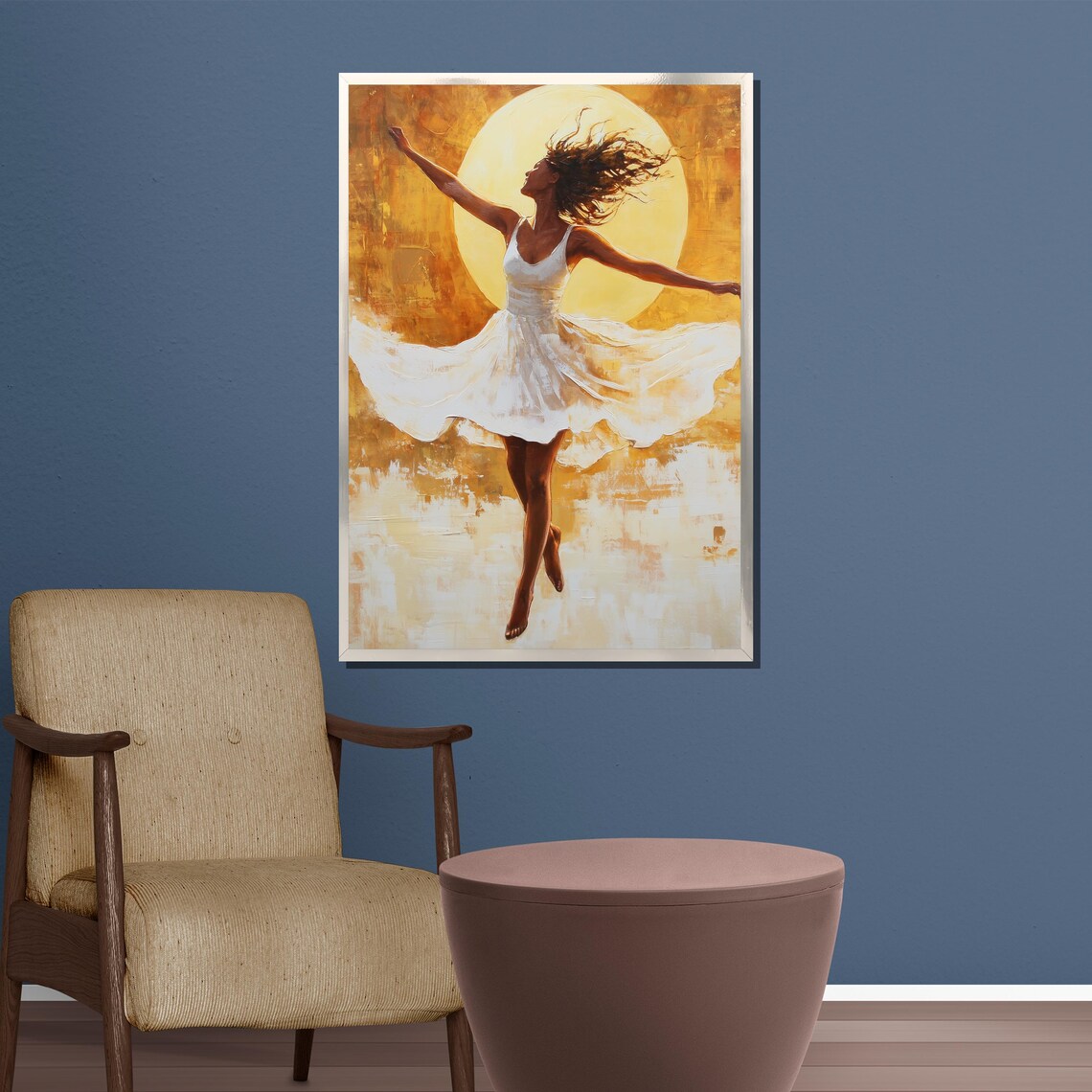 Joyful Dancing Woman in White Dress Before a Golden Sun Poster - Image 3