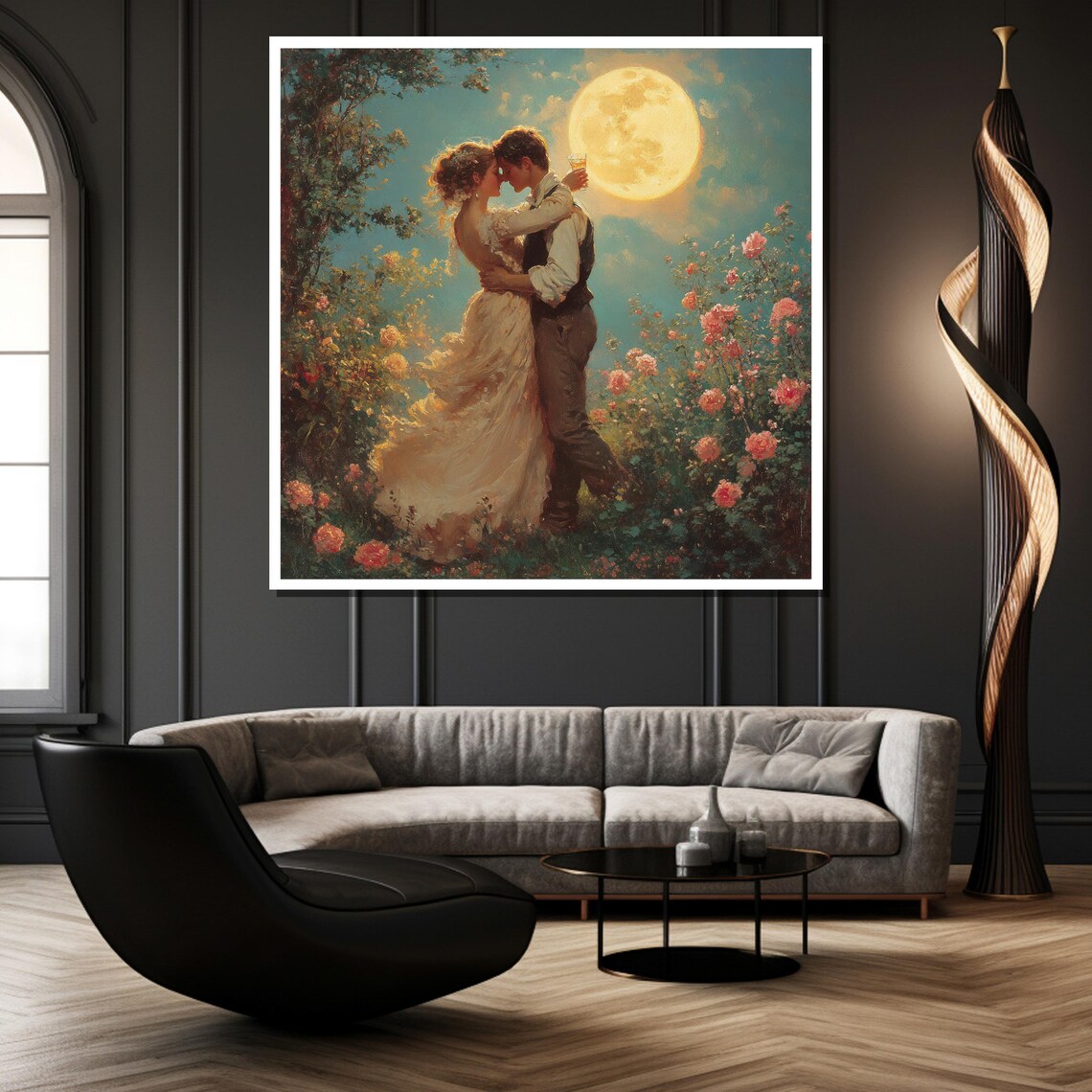 Romantic Couple Under Moonlight Blooming Floral Garden Art Poster - Image 3