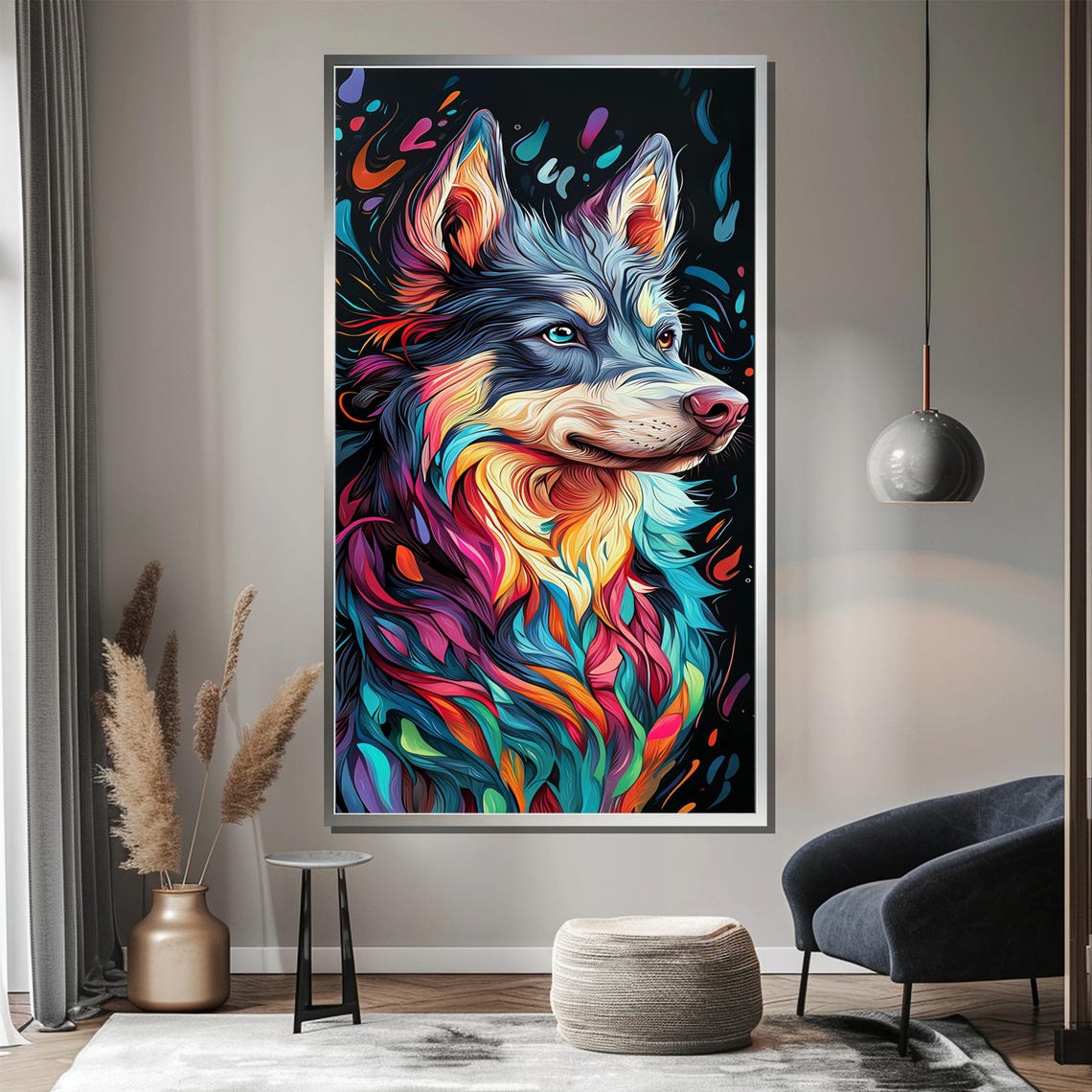 Colorful Neon Wolf Head Swirling Rainbow Fur Pattern Artwork Poster - Image 3