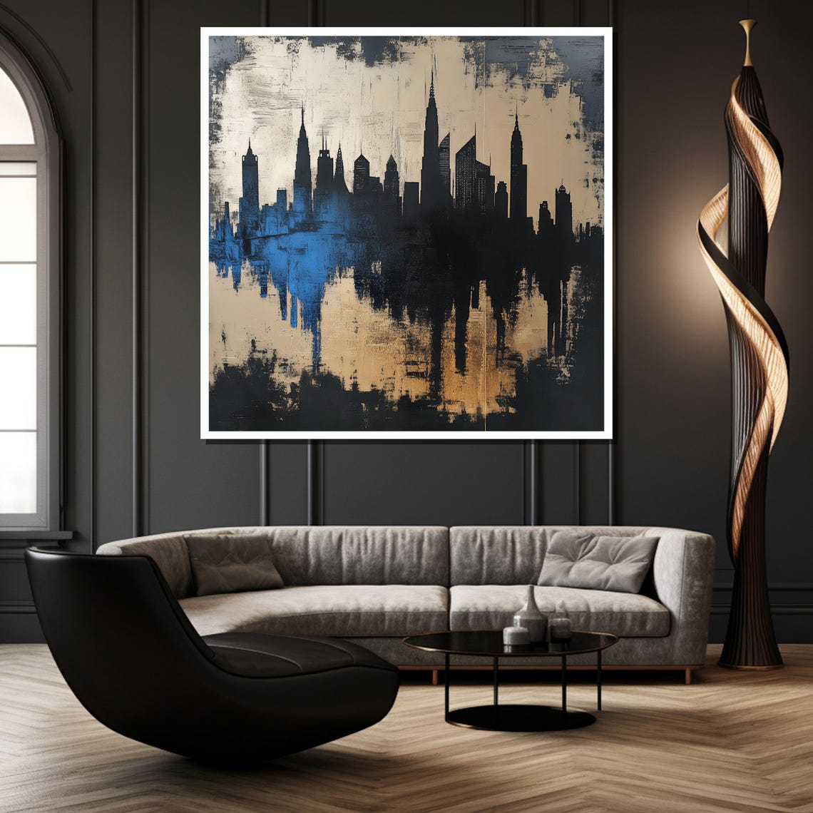 Modern Abstract Cityscape Silhouette Gold And Blue Art Poster - Image 2