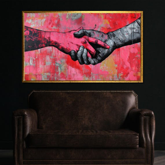 Bold Handshake Painting Modern Abstract Wall Art Red And Black Artwork Contemporary Home Decor Statement Wall Piece