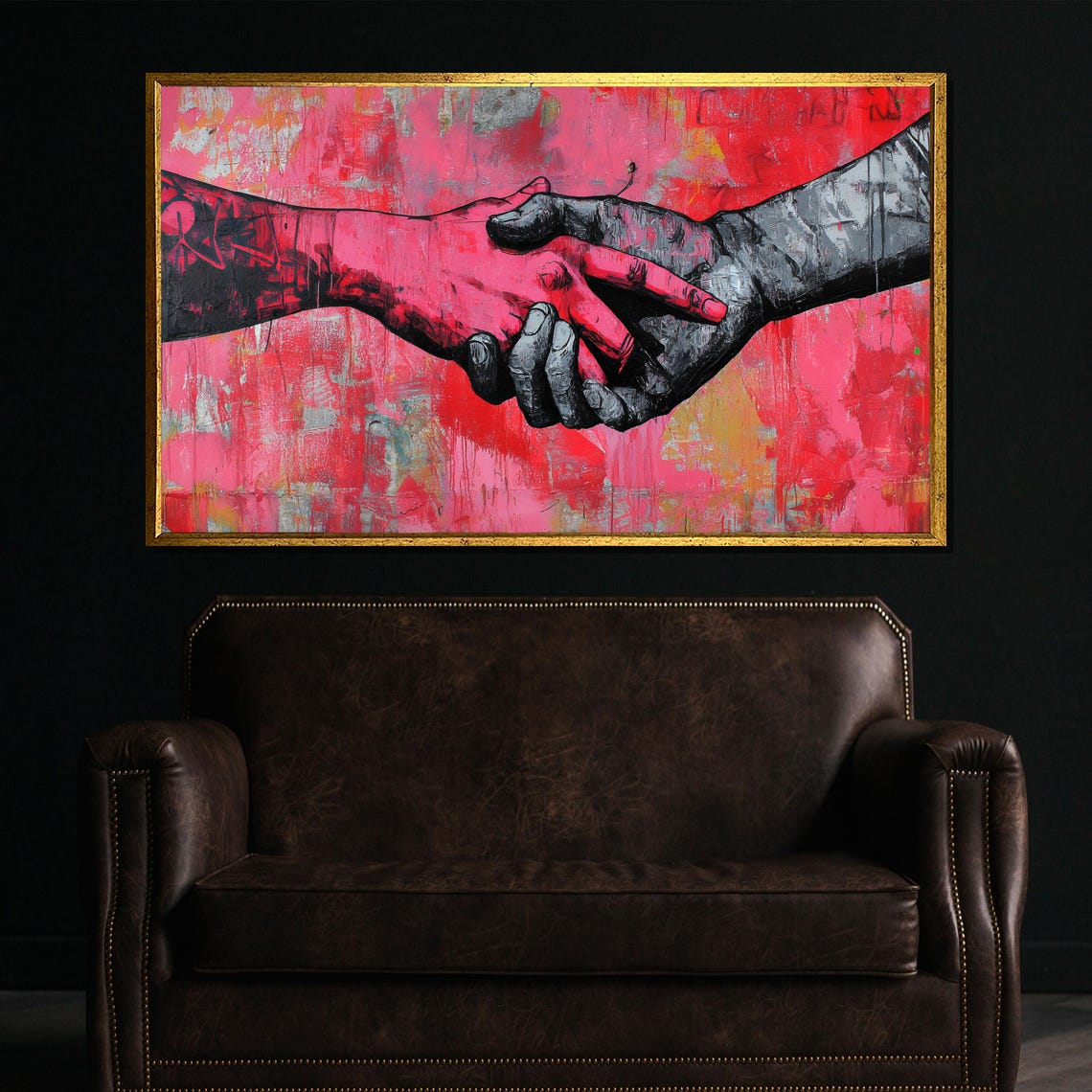 Reaching Clasped Hands Abstract Painting in Red and Black Poster
