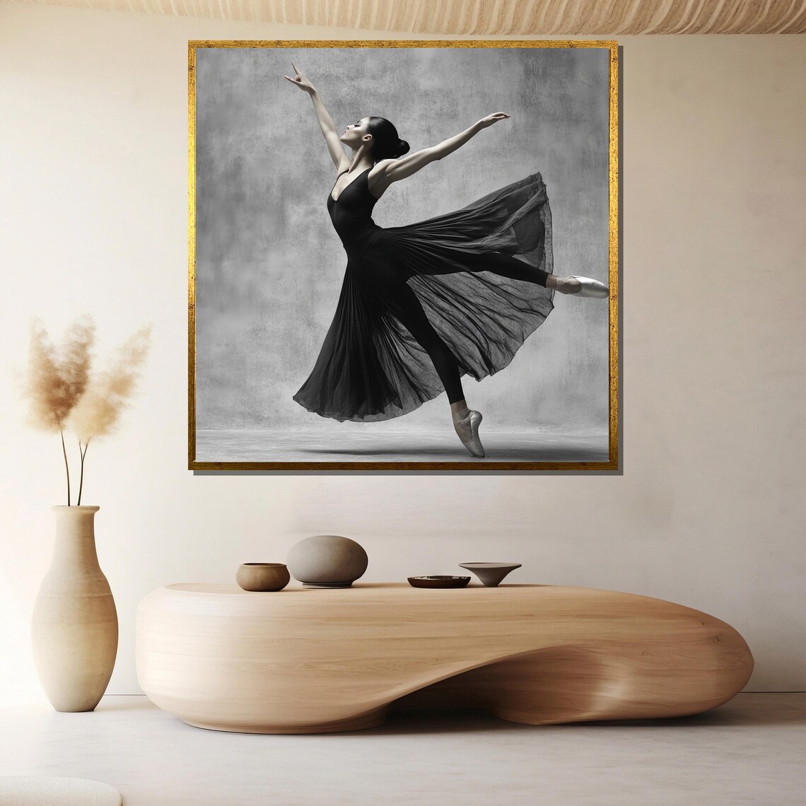 Black and White Ballerina in Flowing Dark Dress Leaping Poster