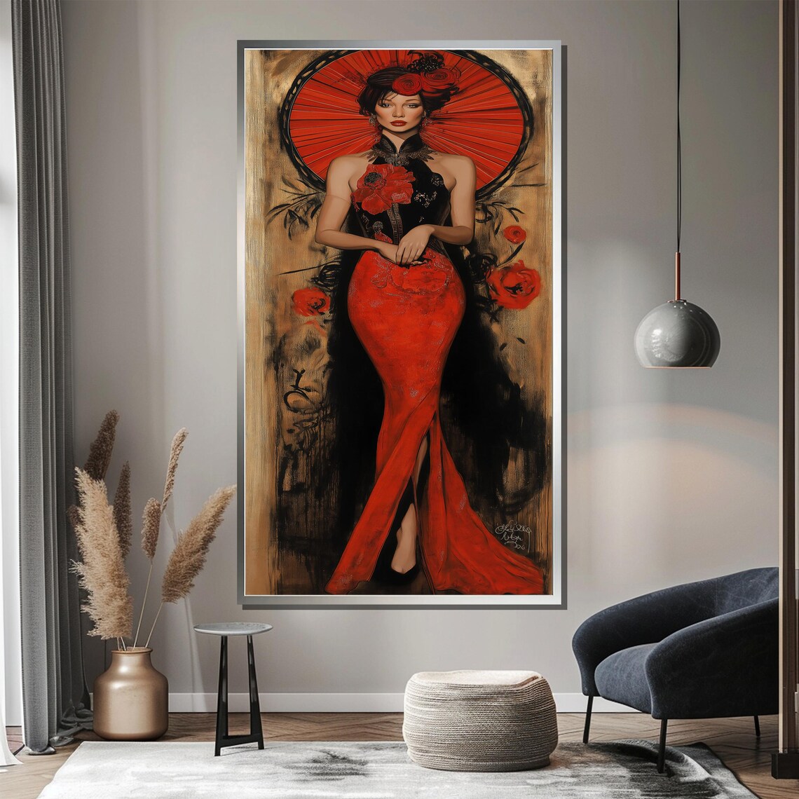 Red Elegance Geisha Inspired Striking Fashion Gown Painting Poster - Image 4