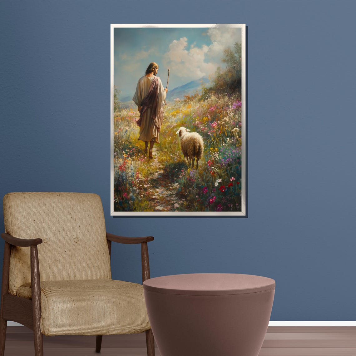 Jesus the Good Shepherd Walking with Lamb Flower Meadow Poster - Image 5