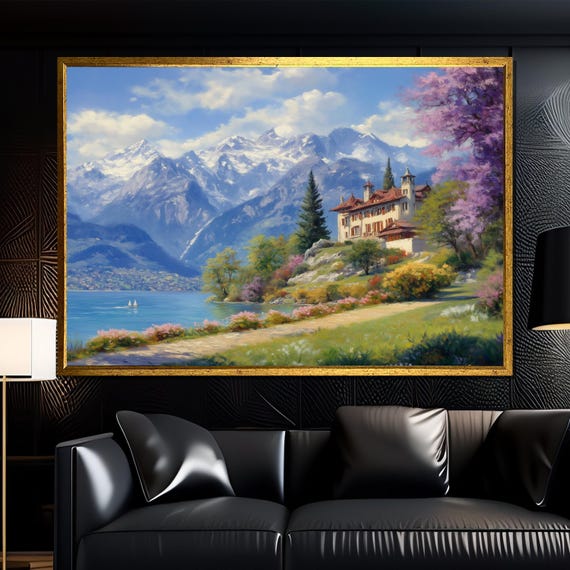 Lakeside Mountain Villa Wall Art Framed Scenic Landscape Print Large Nature Dcor For Living Room Or Office