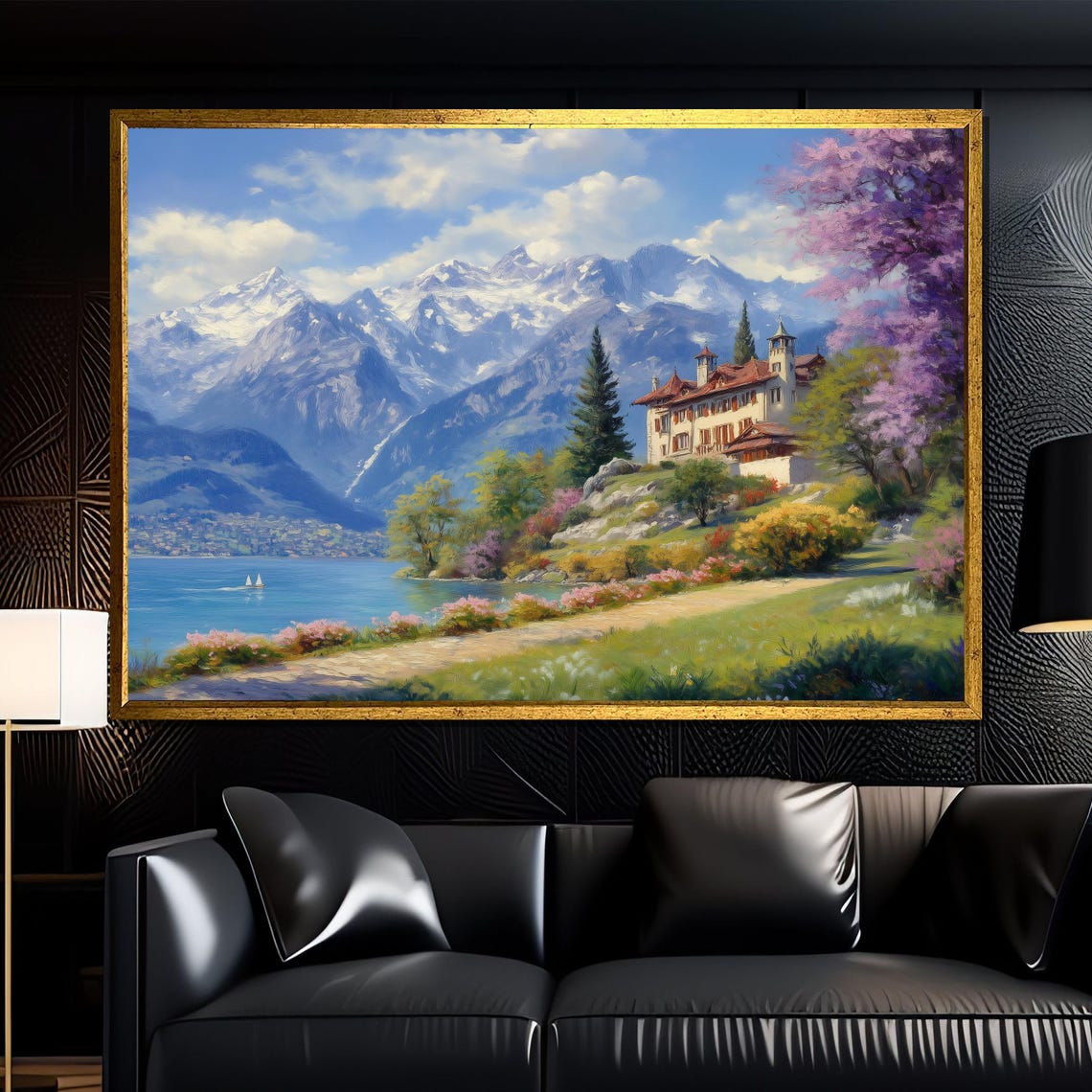 Lakeside Mountain Villa Wall Art Framed Scenic Landscape Print Large Nature Dcor For Living Room Or Office
