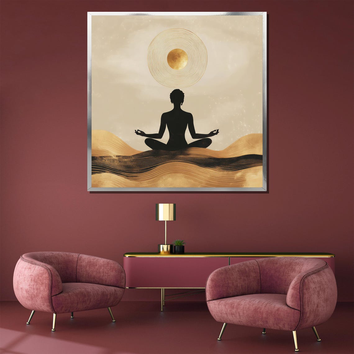 Golden Meditation Silhouette Sun Over Waves Minimalist Wall Poster - Image 3