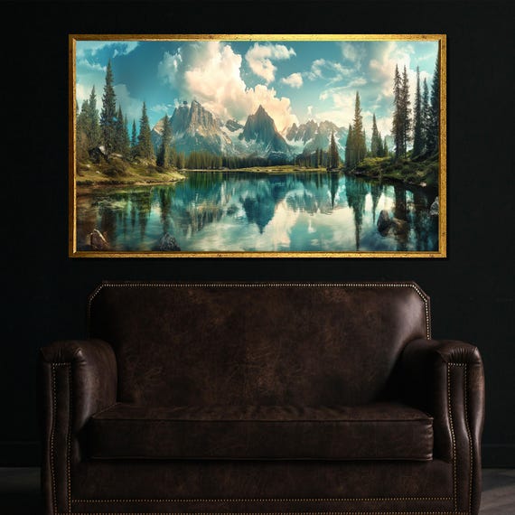 Majestic Mountain Lake With Forest Reflection Painting Stunning Wall Art Gift For White Room And Nature Home Decor