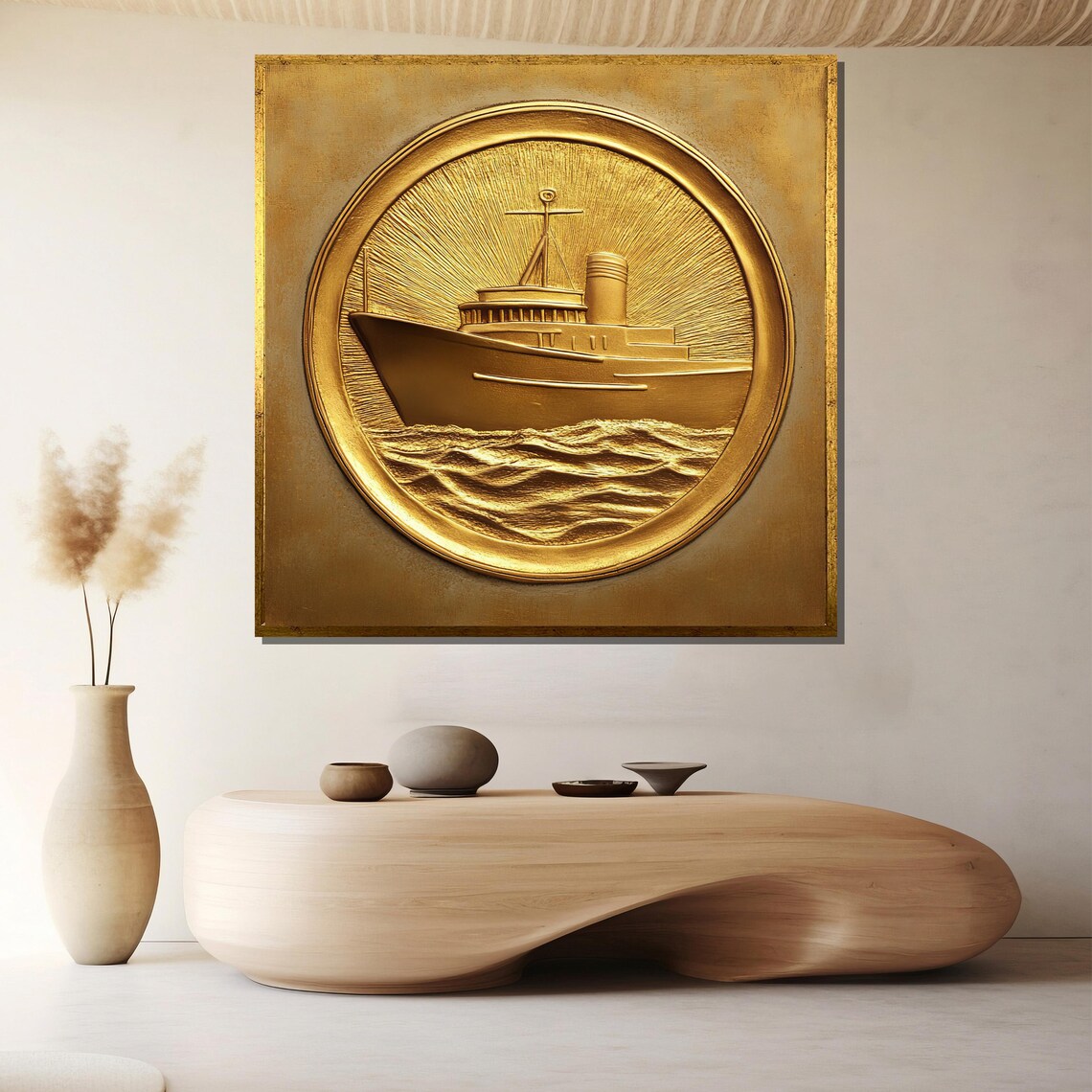Golden Nautical Wall Art Embossed Ship Luxury Maritime Decor Large Framed Artwork Coastal Gift Idea Elegant Home Accent