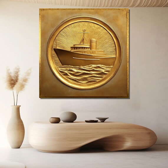 Golden Nautical Wall Art Embossed Ship Luxury Maritime Decor Large Framed Artwork Coastal Gift Idea Elegant Home Accent