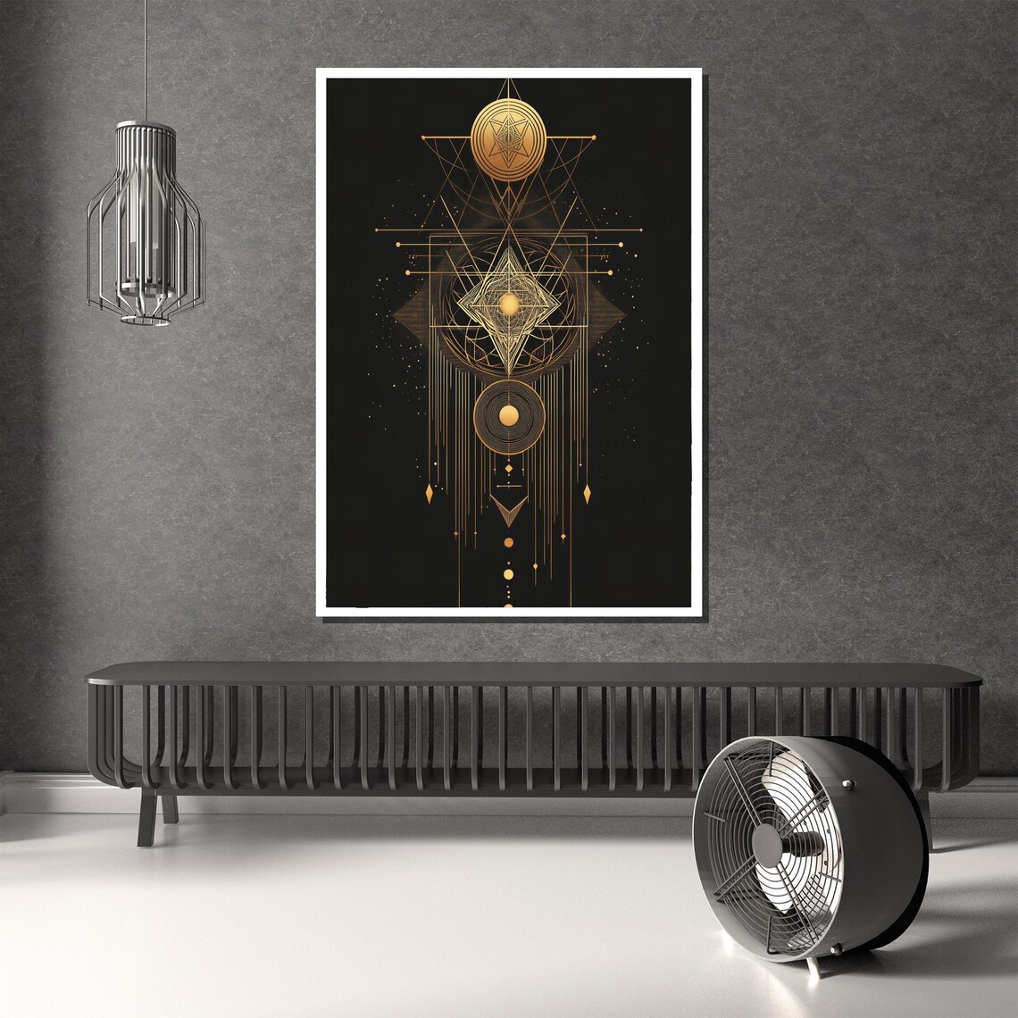 Golden Sacred Geometry Mandala Glowing On Black Canvas Poster - Image 2