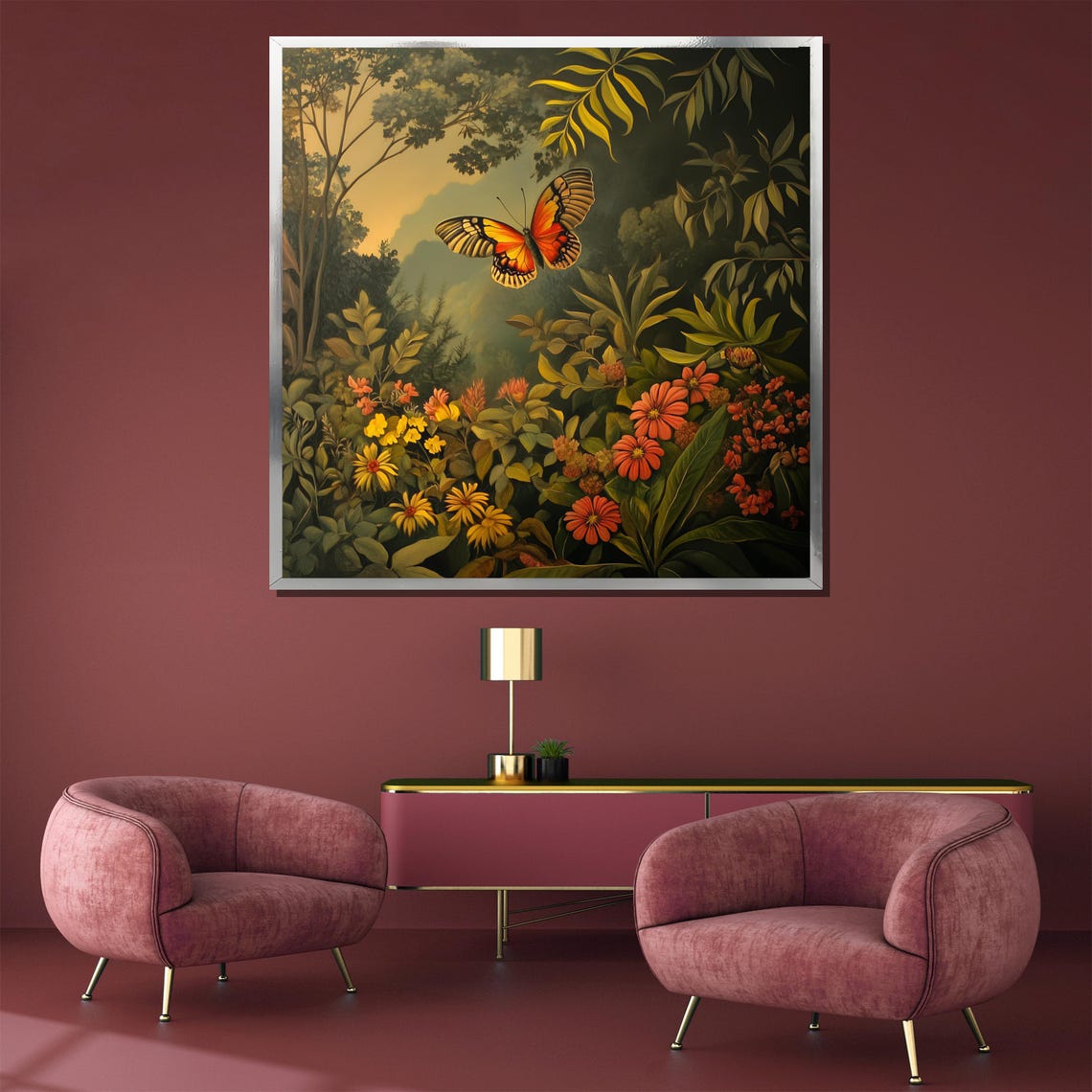 Vibrant Butterfly And Floral Painting In Lush Forest Scene Stunning Nature Wall Art And Unique Gift Idea - Image 3