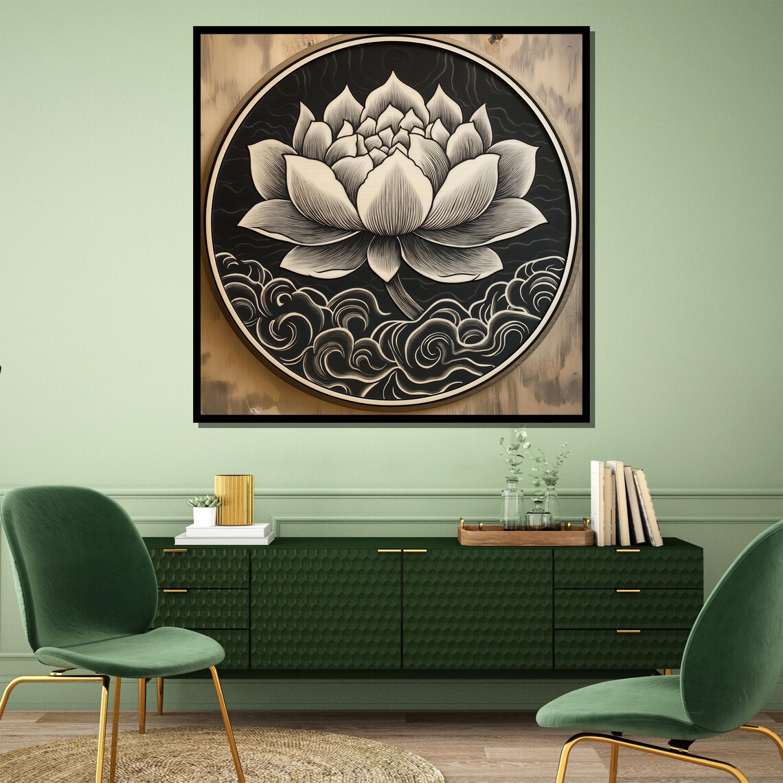 Monochrome Lotus Blossom Circular Engraving Style Art Poster - Image 4