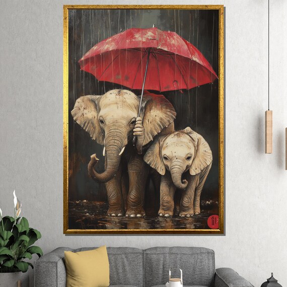 Elephant Mom And Baby Sharing Red Umbrella In Rain Cute Poster