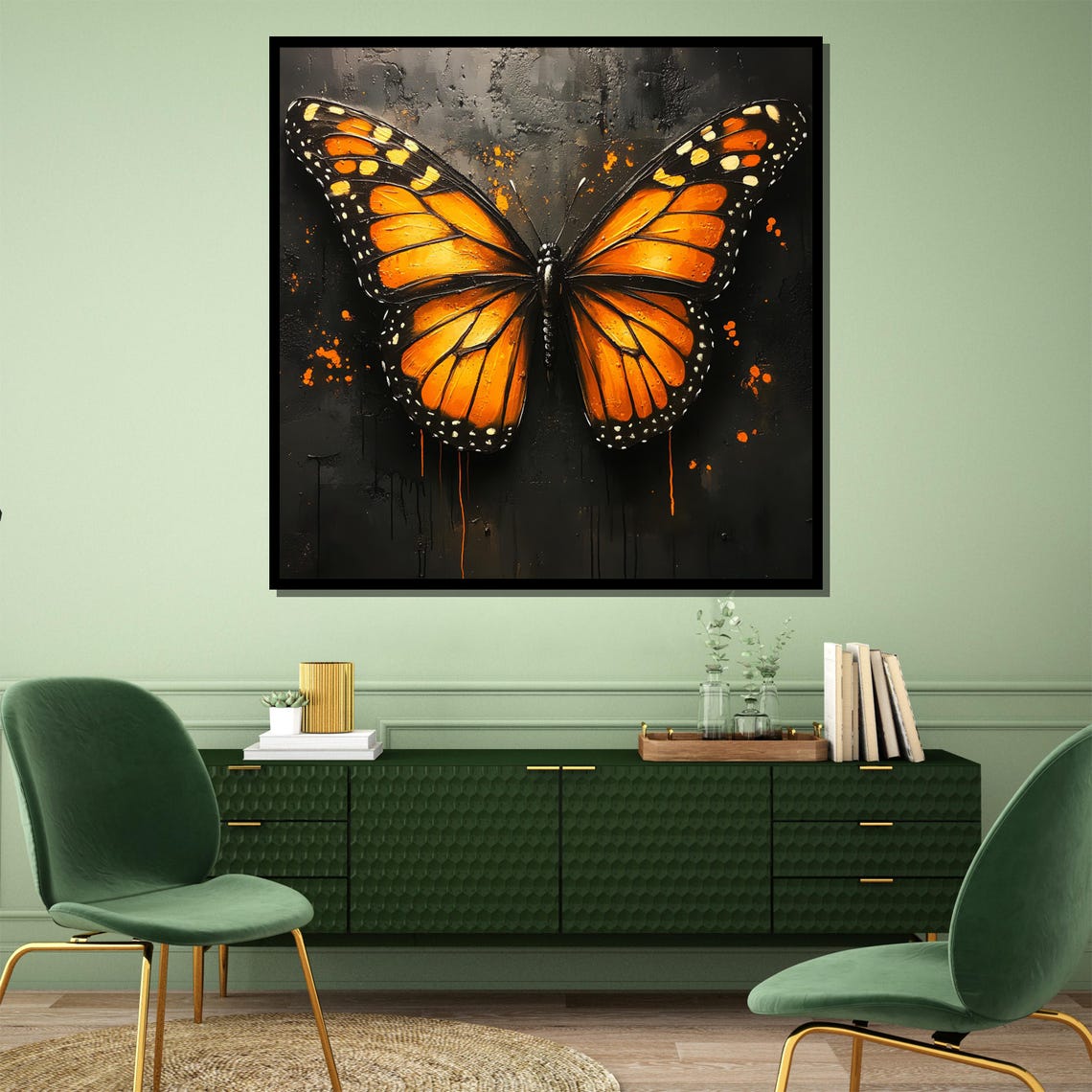 Orange Monarch Butterfly on Black Abstract Dripping Paint Poster - Image 4