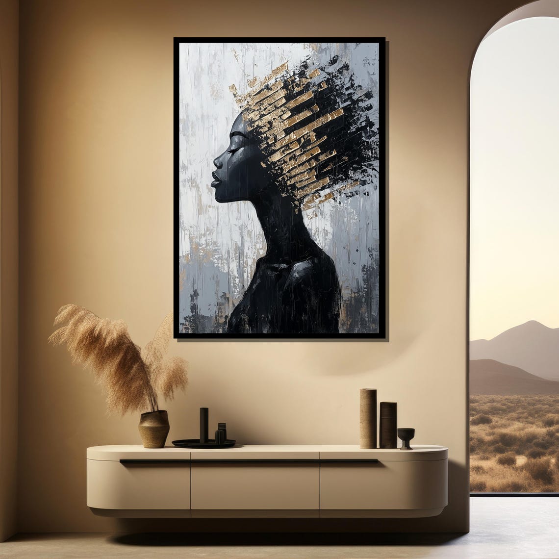 Black Profile Woman With Textured Gold Leaf Hair Modern Art Poster - Image 4