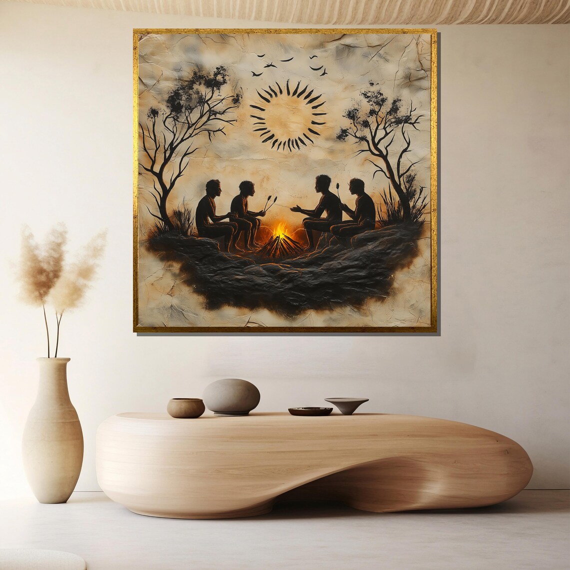 Tribal Campfire Gathering Under Radiant Sun Sepia Toned Art Poster