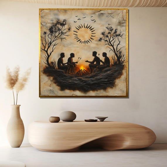 Tribal Campfire Painting With Warm Sunset Theme Unique Art Gift For Living Room Or Office Wall Decor