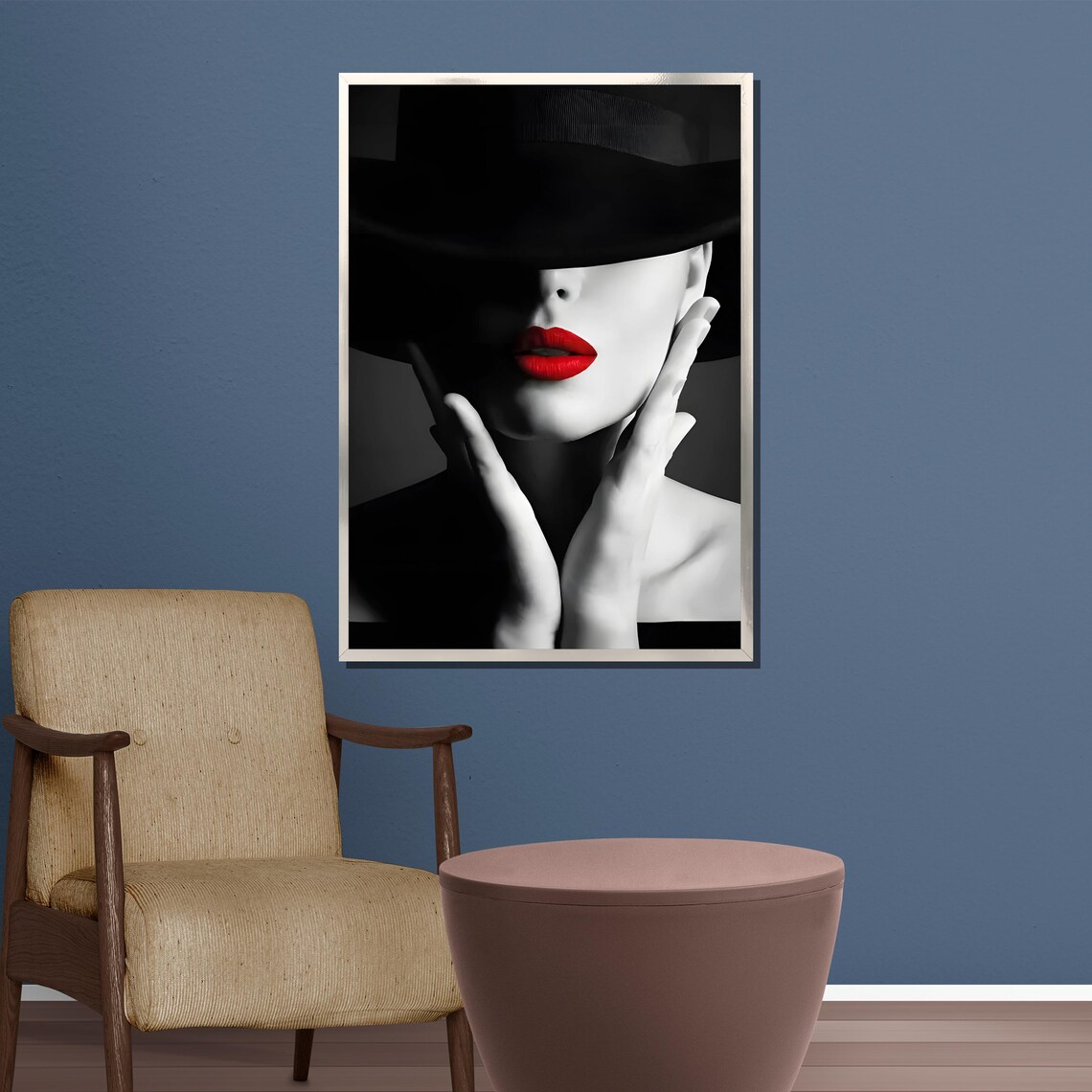 Striking Woman With Red Lips And Black Hat Black White Poster - Image 4