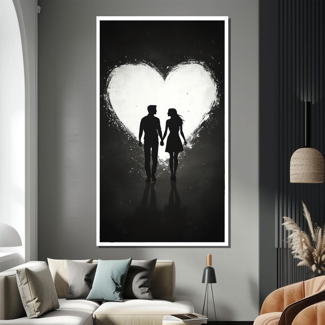 Minimalist Silhouette Couple Walking Before Giant Heart Poster - Image 3