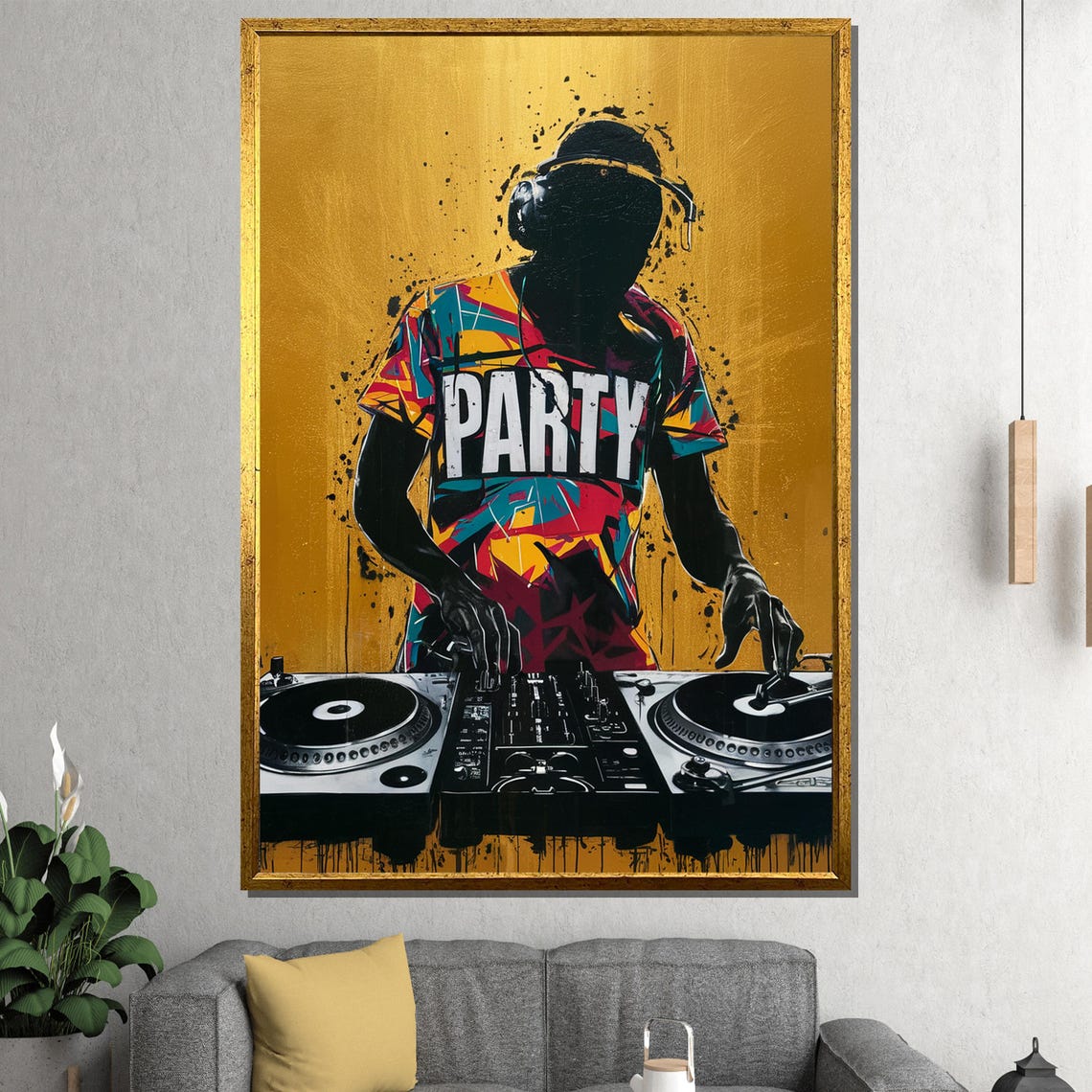 Silhouetted DJ Spinning Turntables On A Golden Background Poster