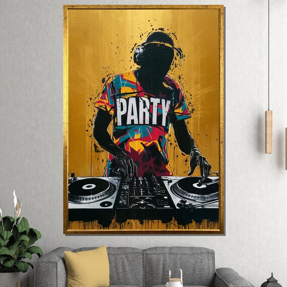 Silhouetted DJ Spinning Turntables On A Golden Background Poster