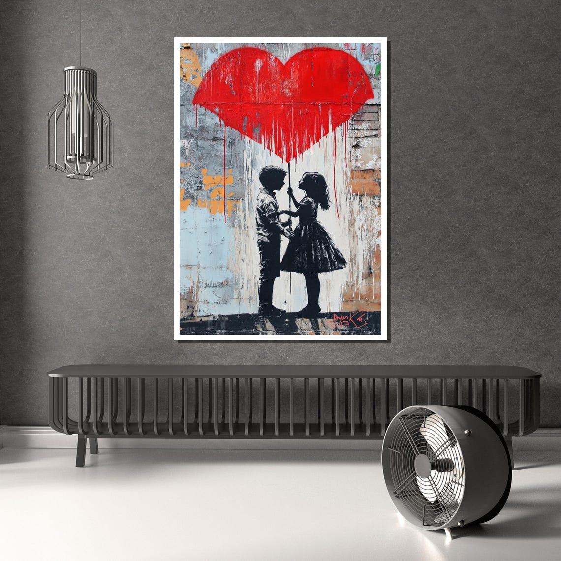 Romantic Couple Under a Giant Dripping Red Heart Street Art Poster - Image 2