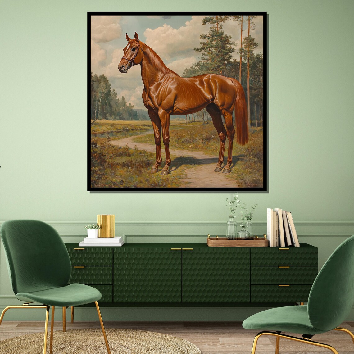 Chestnut Horse Standing in a Sunlit Meadow Classic Equestrian Poster - Image 4