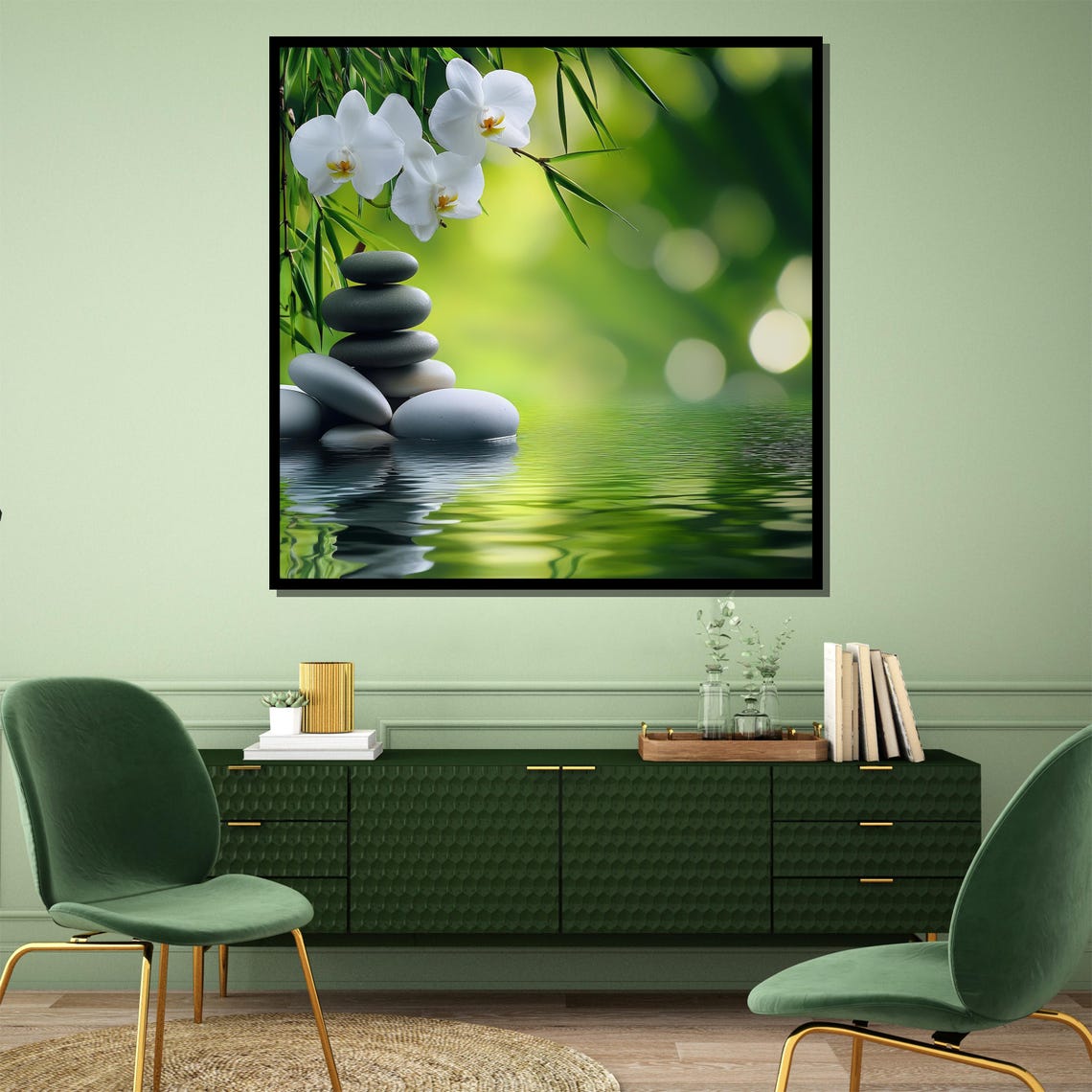 White Orchids and Zen Stones Over Calm Water in Nature Poster - Image 4