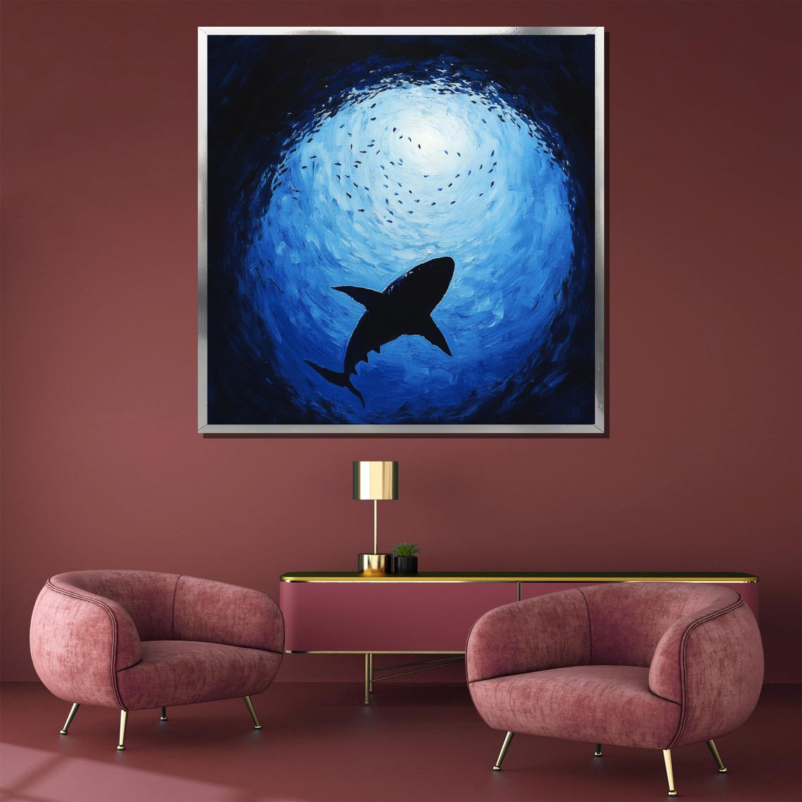 Shark Silhouette Gliding Through a Deep Blue Ocean Swirl Poster - Image 3