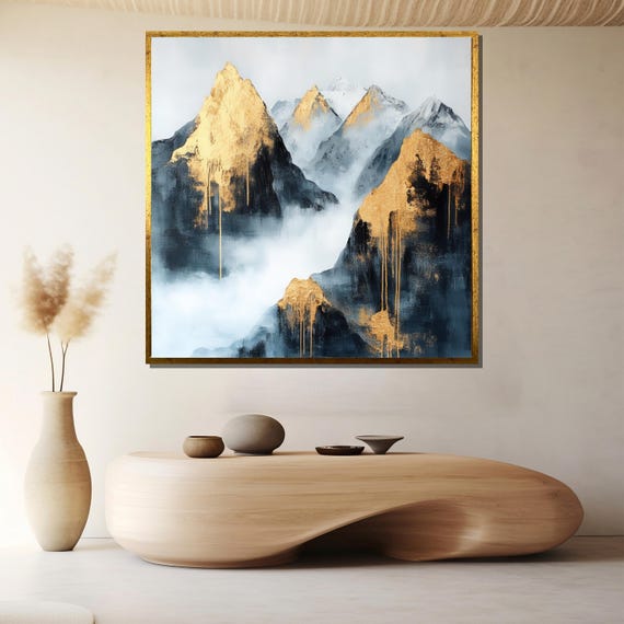 Golden Mountain Painting Abstract Landscape Wall Art With Mist And Gold Accents Elegant Home Decor Gift For Nature Lovers