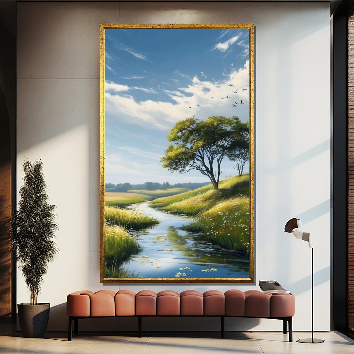 Tranquil River Meadow Sunny Day Lone Big Tree Nature Art Poster