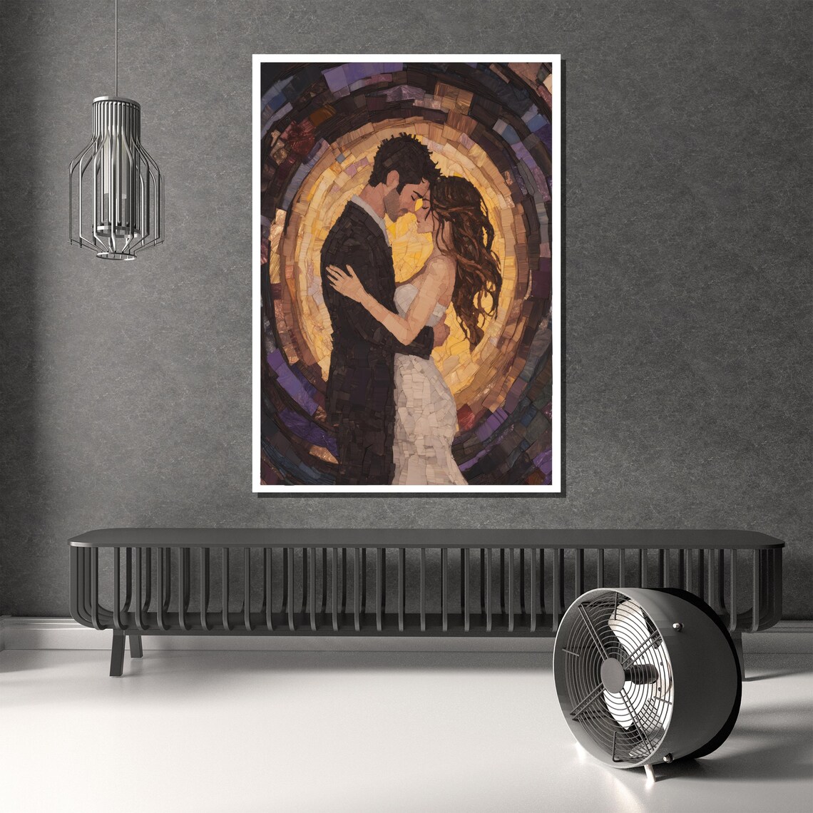 Romantic Mosaic Tile Couple Embrace With Golden Halo Circle Poster - Image 4