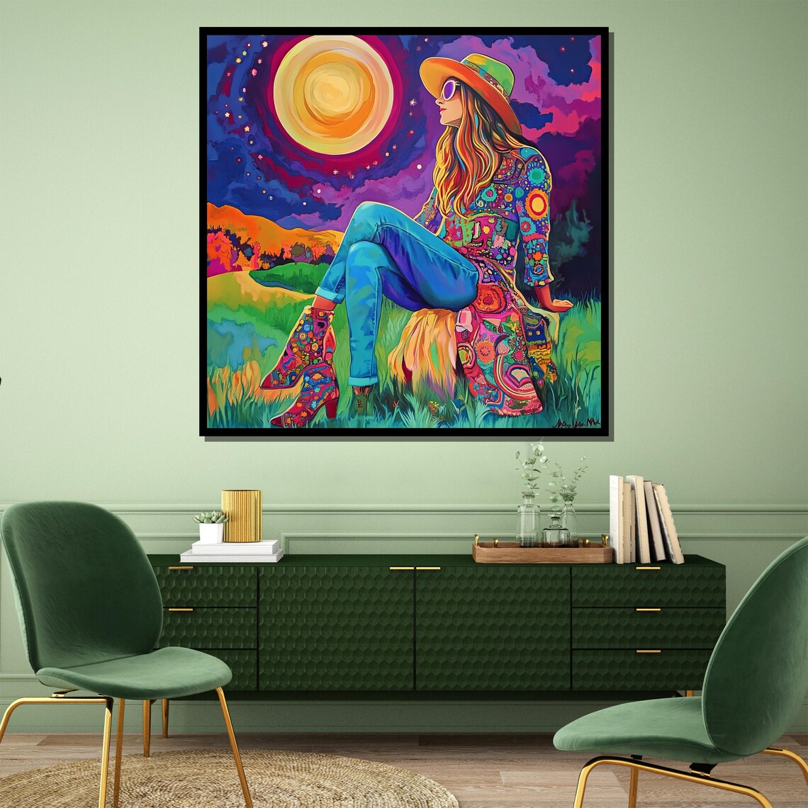 Bohemian Woman Gazing at Giant Moon in Psychedelic Sky Art Poster - Image 4
