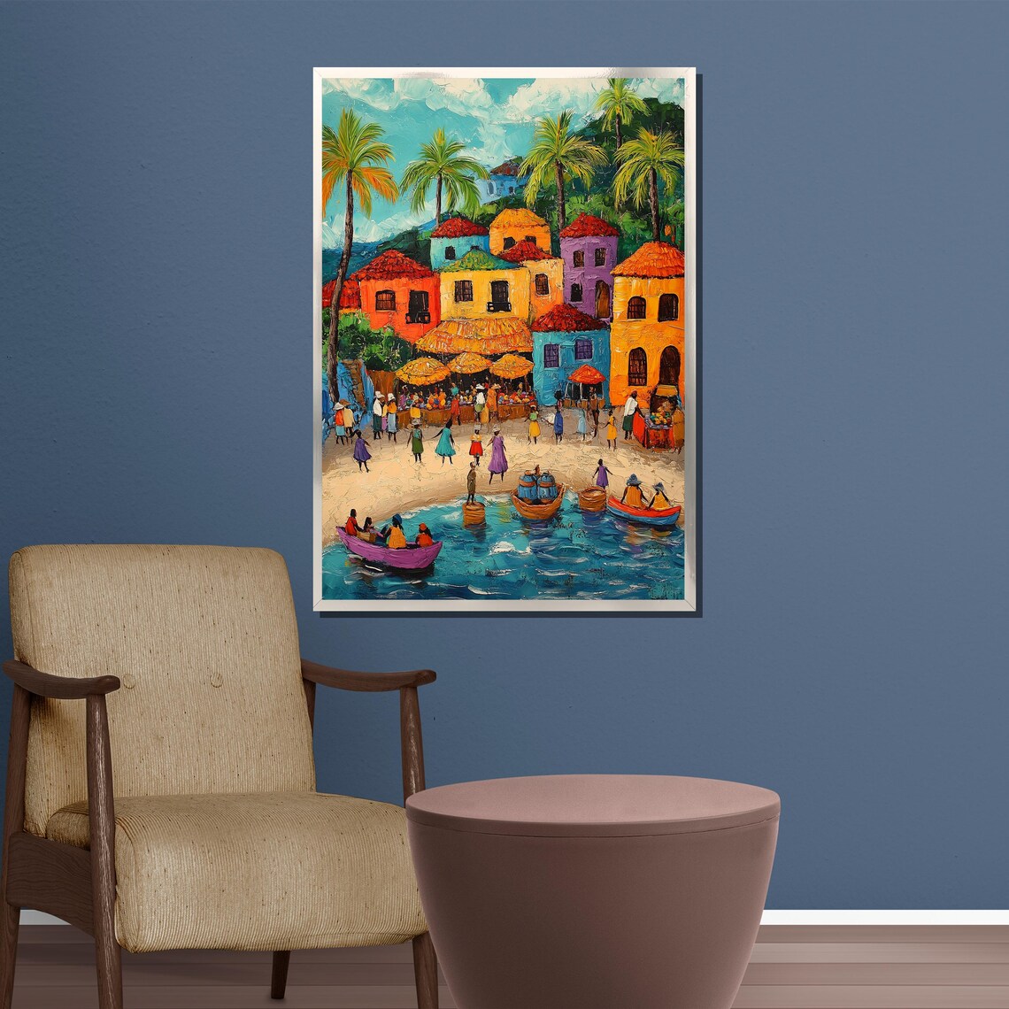 Colorful Caribbean Coastal Village Boats Beach Market Poster - Image 4