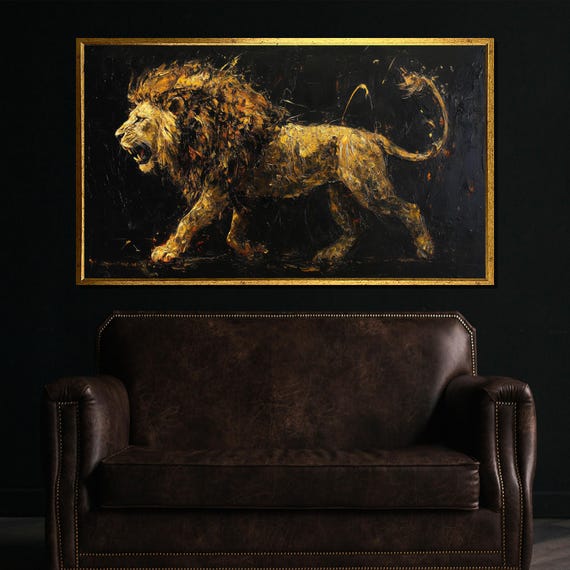 Lion Painting Gift Bold Wildlife Wall Art With Abstract Gold Accents Majestic Animal Artwork For Modern Home Decor