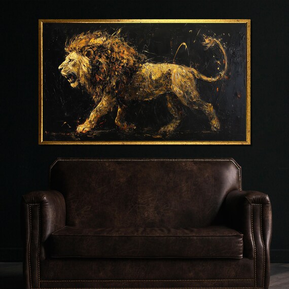 Roaring Golden Lion in Thick Impasto Paint on Black Dramatic Poster
