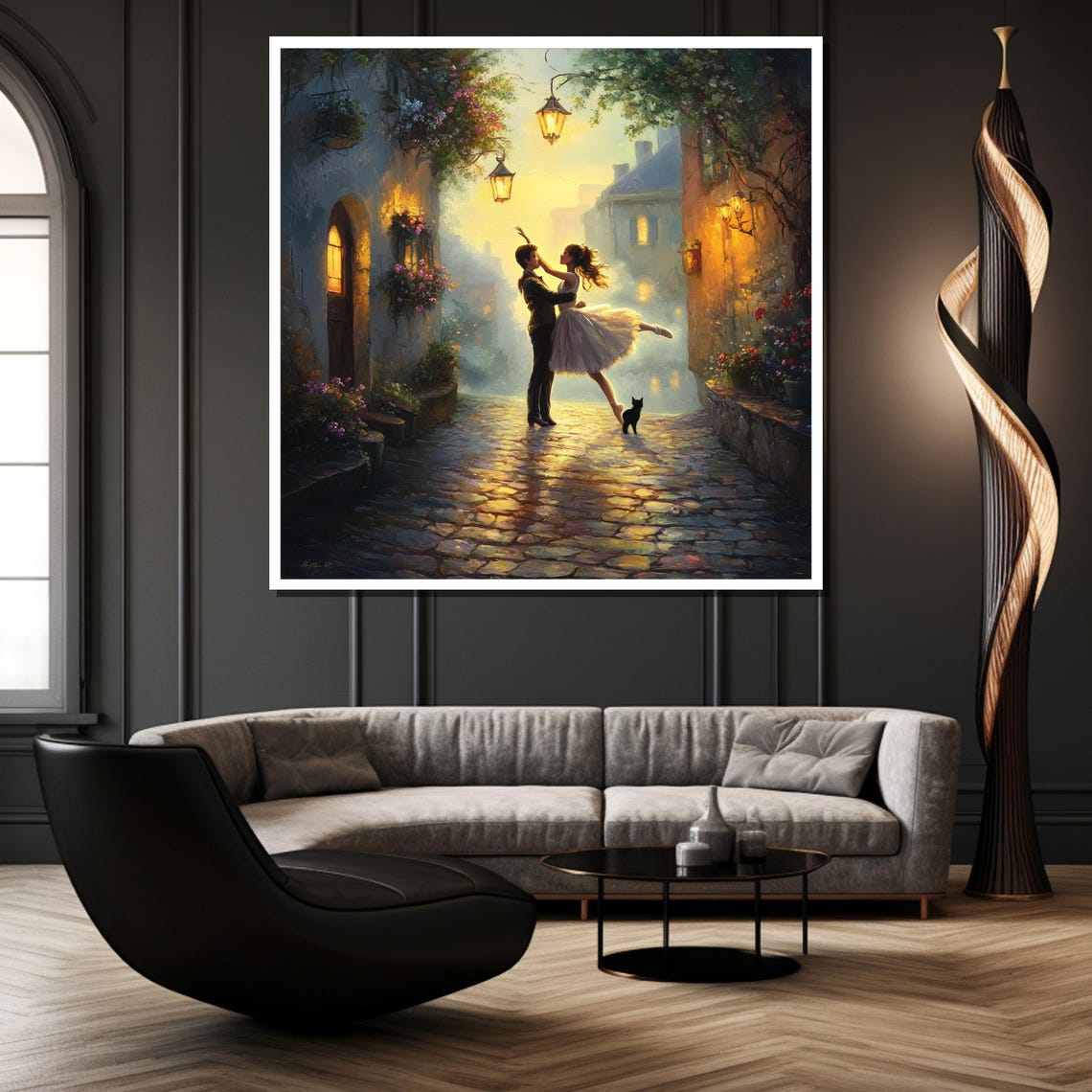 Romantic Street Dance On Cobblestone Lane Lantern Glow Art Poster - Image 3
