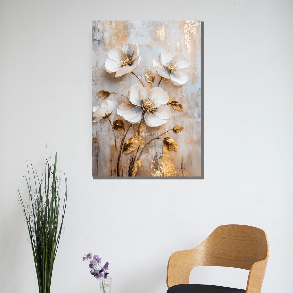 White Flowers Gold Leaf Floral Painting Luxurious Bedroom Wall Poster - Image 2