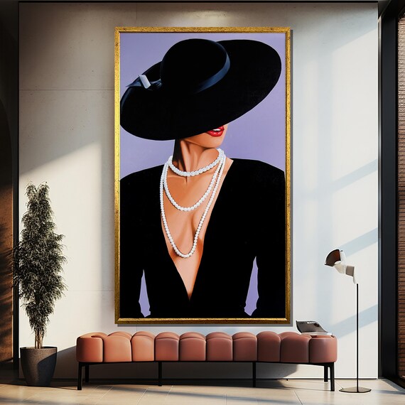 Elegant Woman In Black Hat Pearls And Dress On Lavender Poster